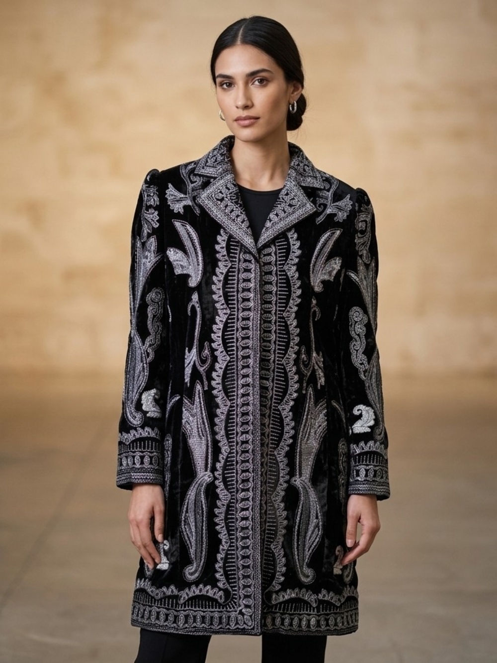 Peter Nygard Black Velvet Trench Coat with Silver Embroidery Size L